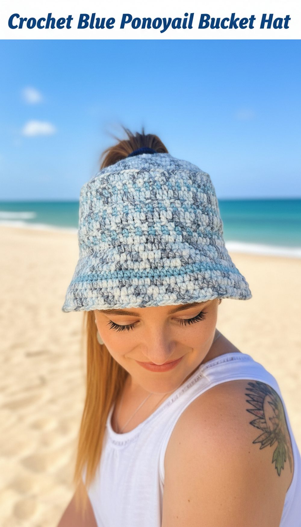 Crochet Blue Ponytail Bucket Hat