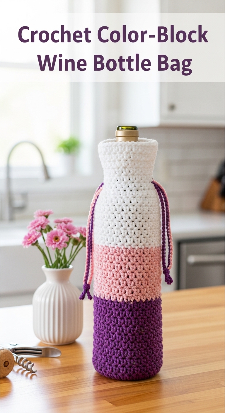 Crochet Color-Block Wine Bottle Bag