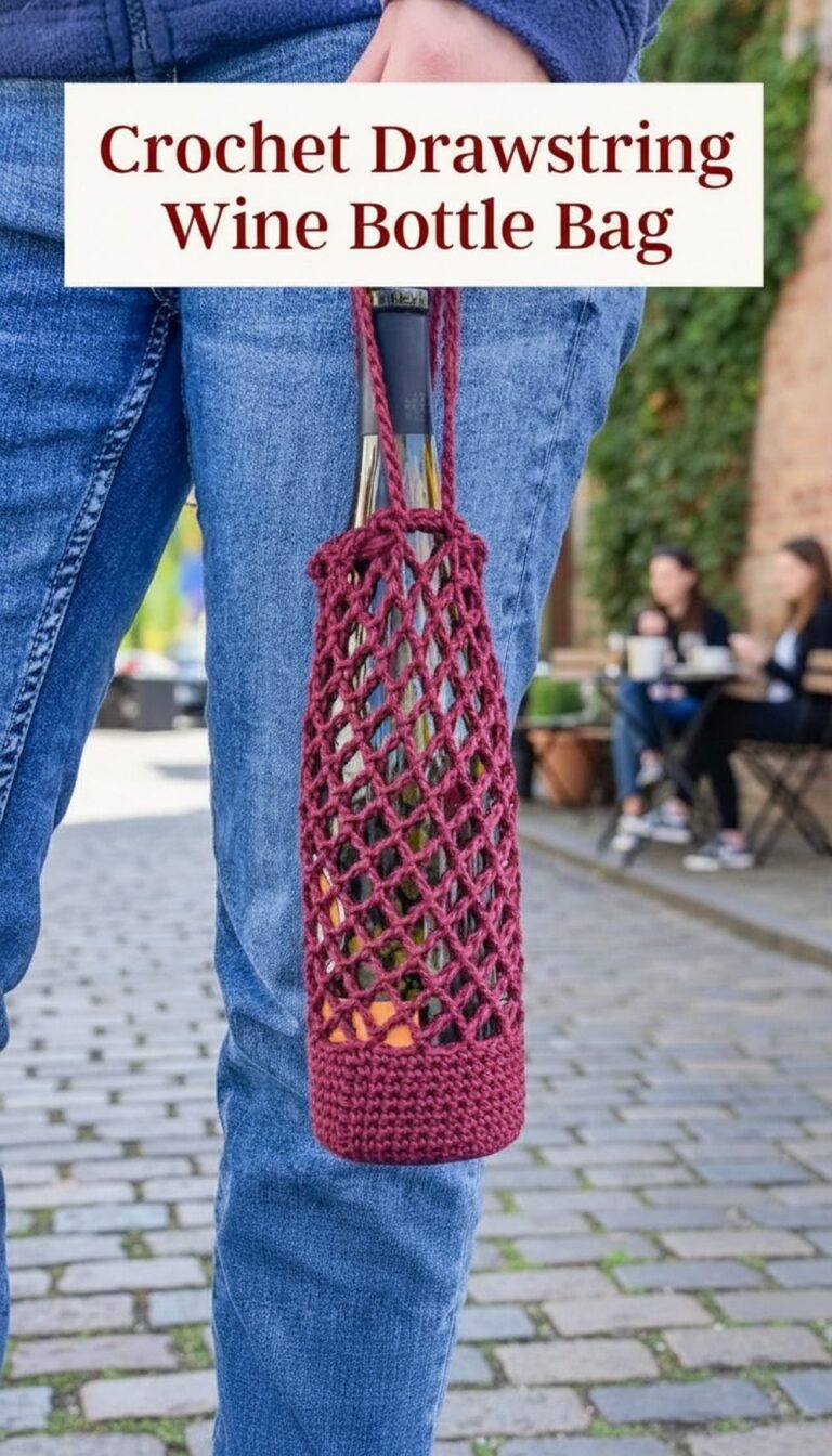 Crochet Drawstring Wine Bottle Bag