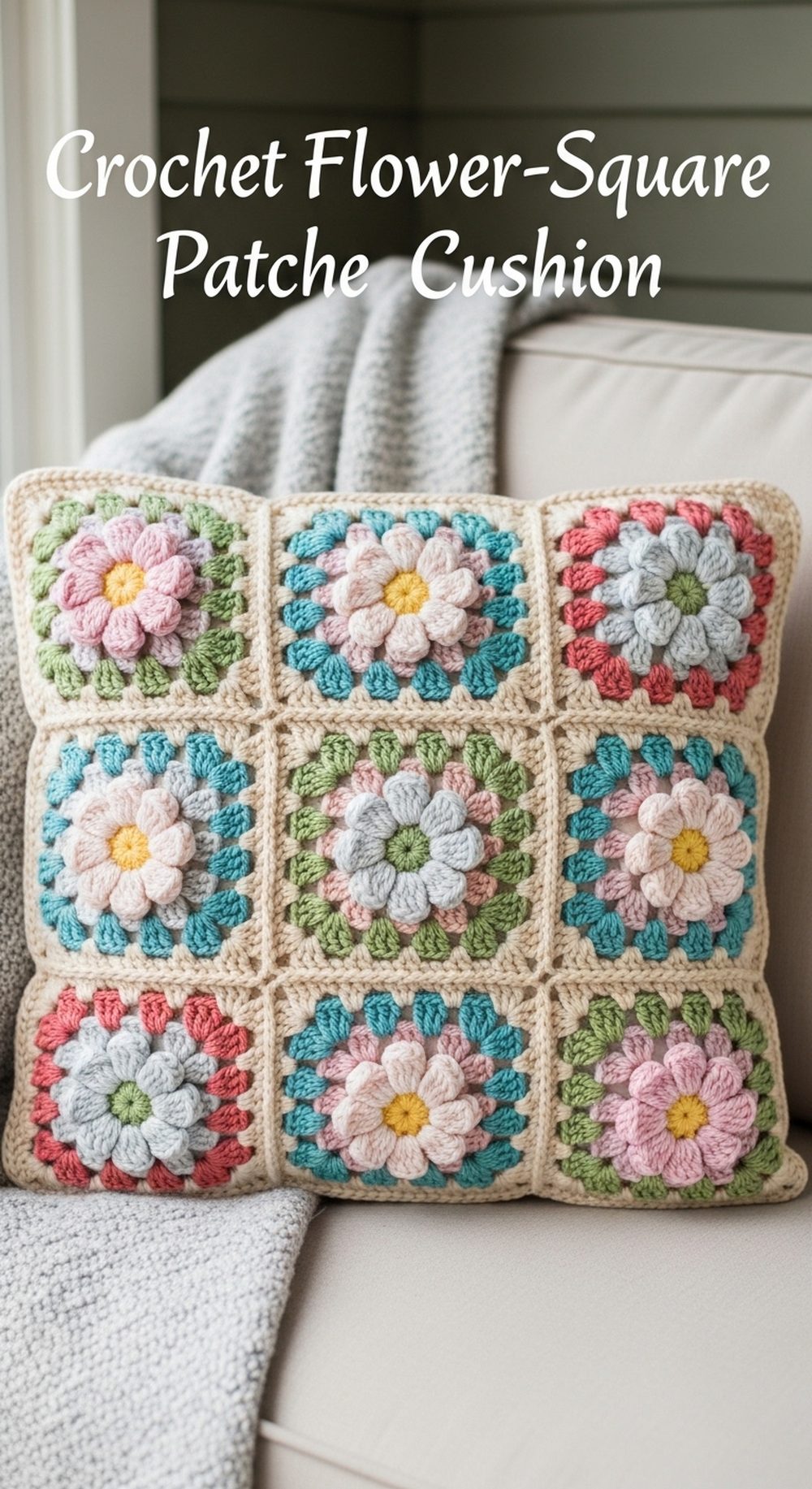 Crochet Flower-Square Patchwork Cushion