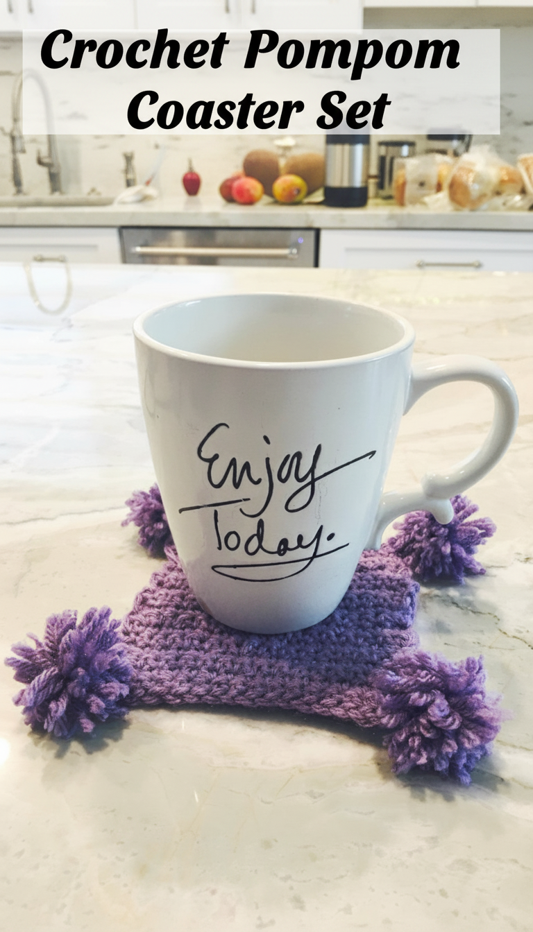Crochet Pompom Coaster Set