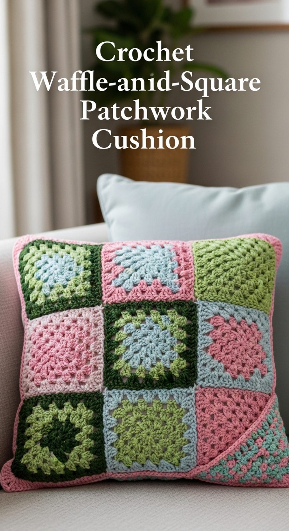 Crochet Waffle-and-Mini-Square Patchwork Cushion