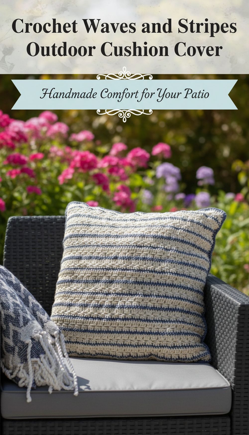 Crochet Waves and Stripes Outdoor Cushion Cover