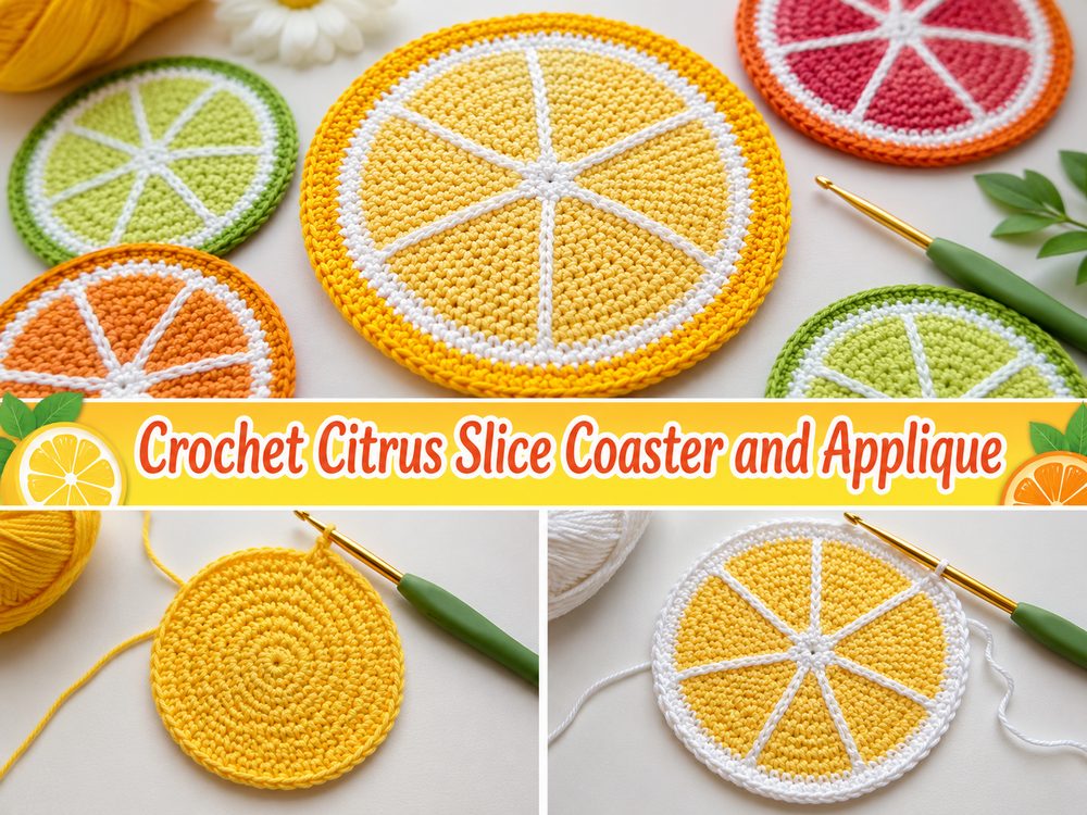 Crochet Citrus Slice Coaster and Applique g