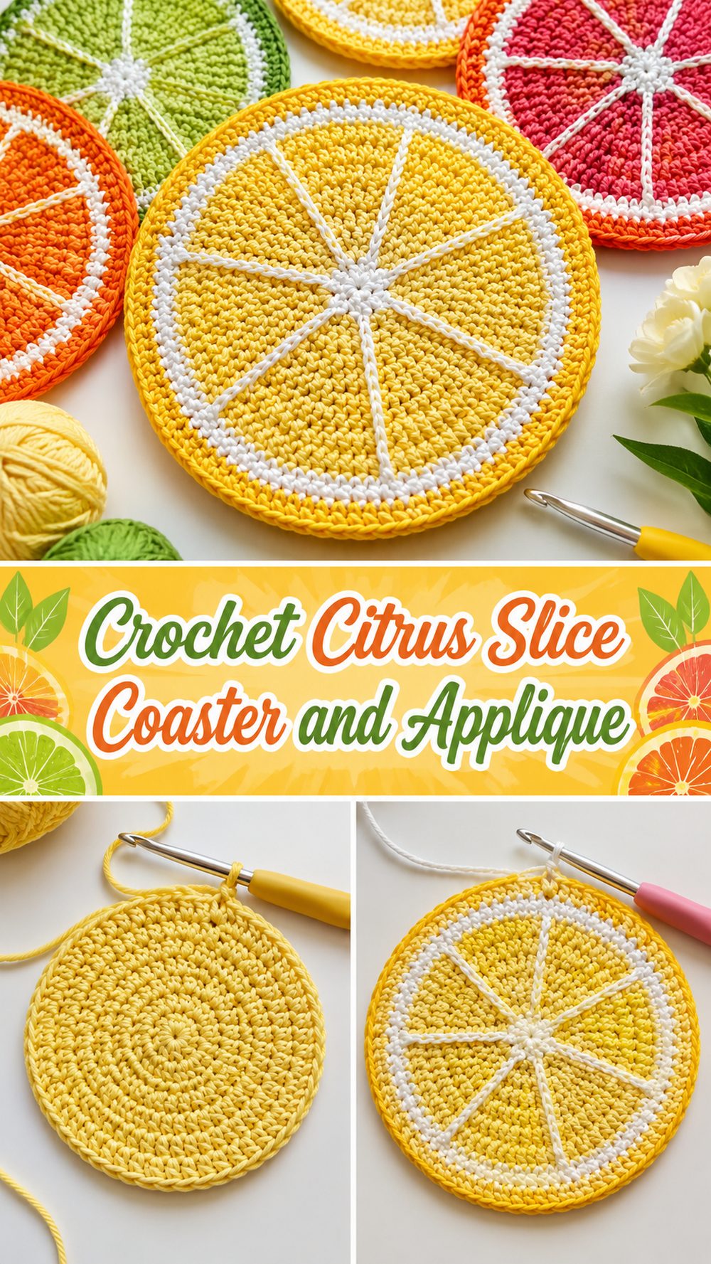 Crochet Citrus Slice Coaster and Applique