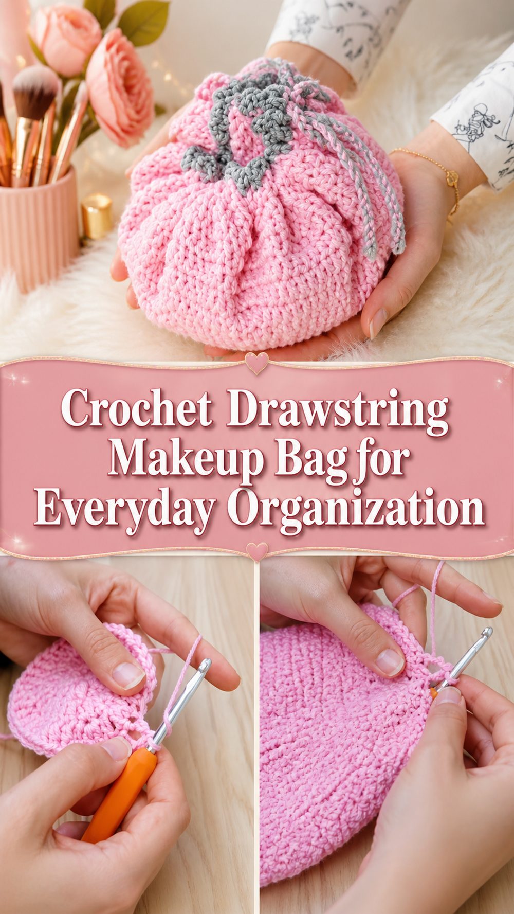 Crochet Drawstring Makeup Bag for Everyday Organization