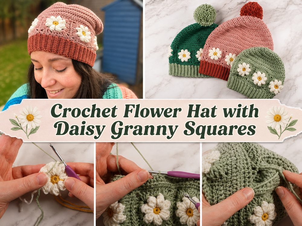 Crochet Flower Hat with Daisy Granny Squares s