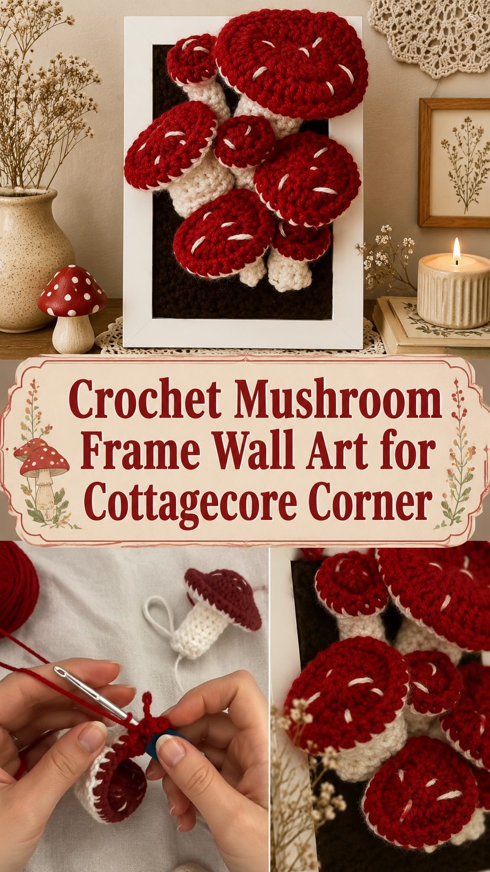 Crochet Mushroom Frame Wall Art for Cottagecore Corner