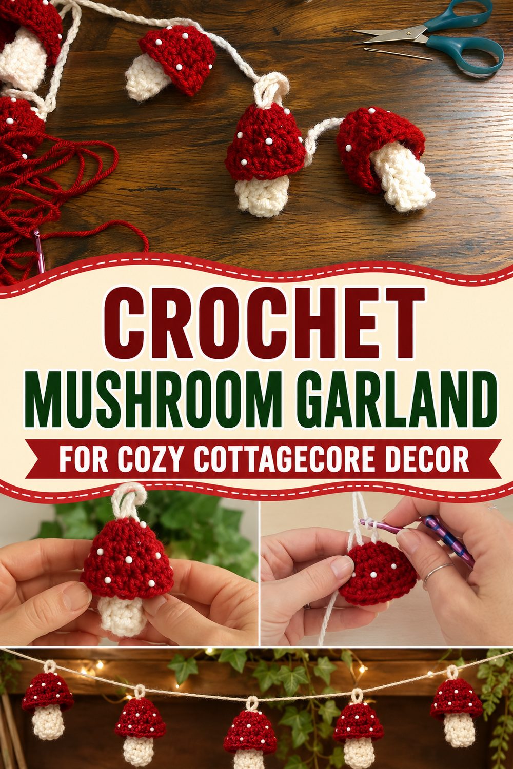 Crochet Mushroom Garland for Cozy Cottagecore Decor