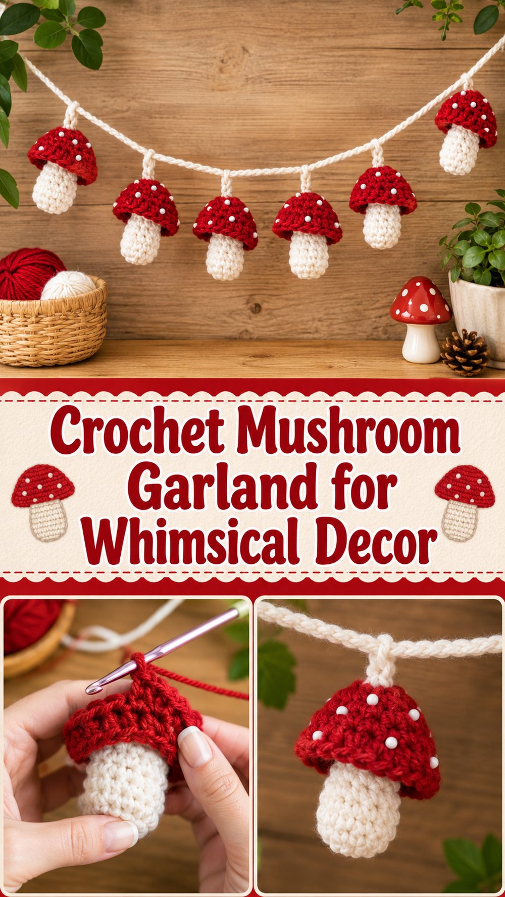 Crochet Mushroom Garland for Whimsical Decor