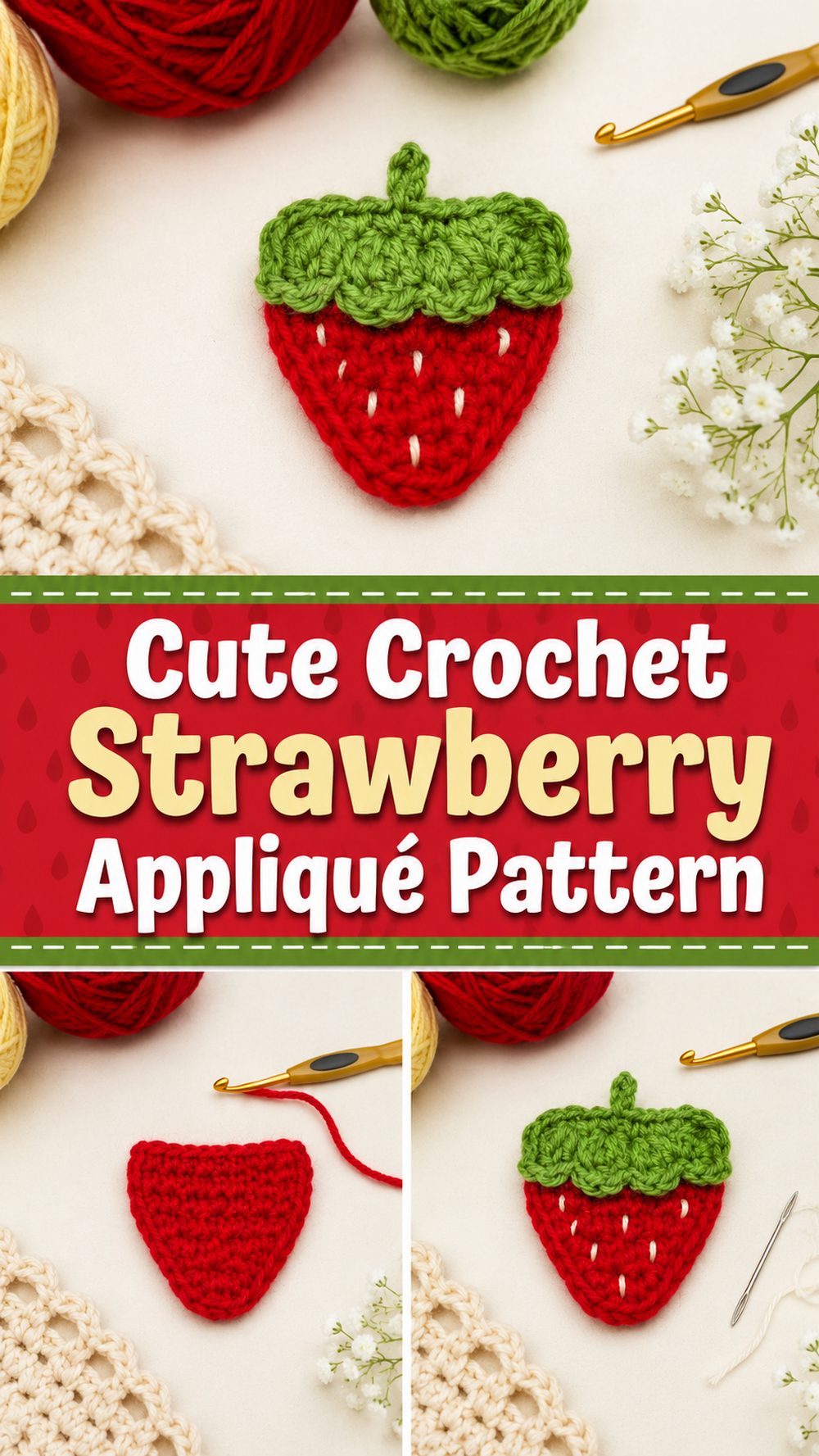 Cute Crochet Strawberry Appliqué Pattern