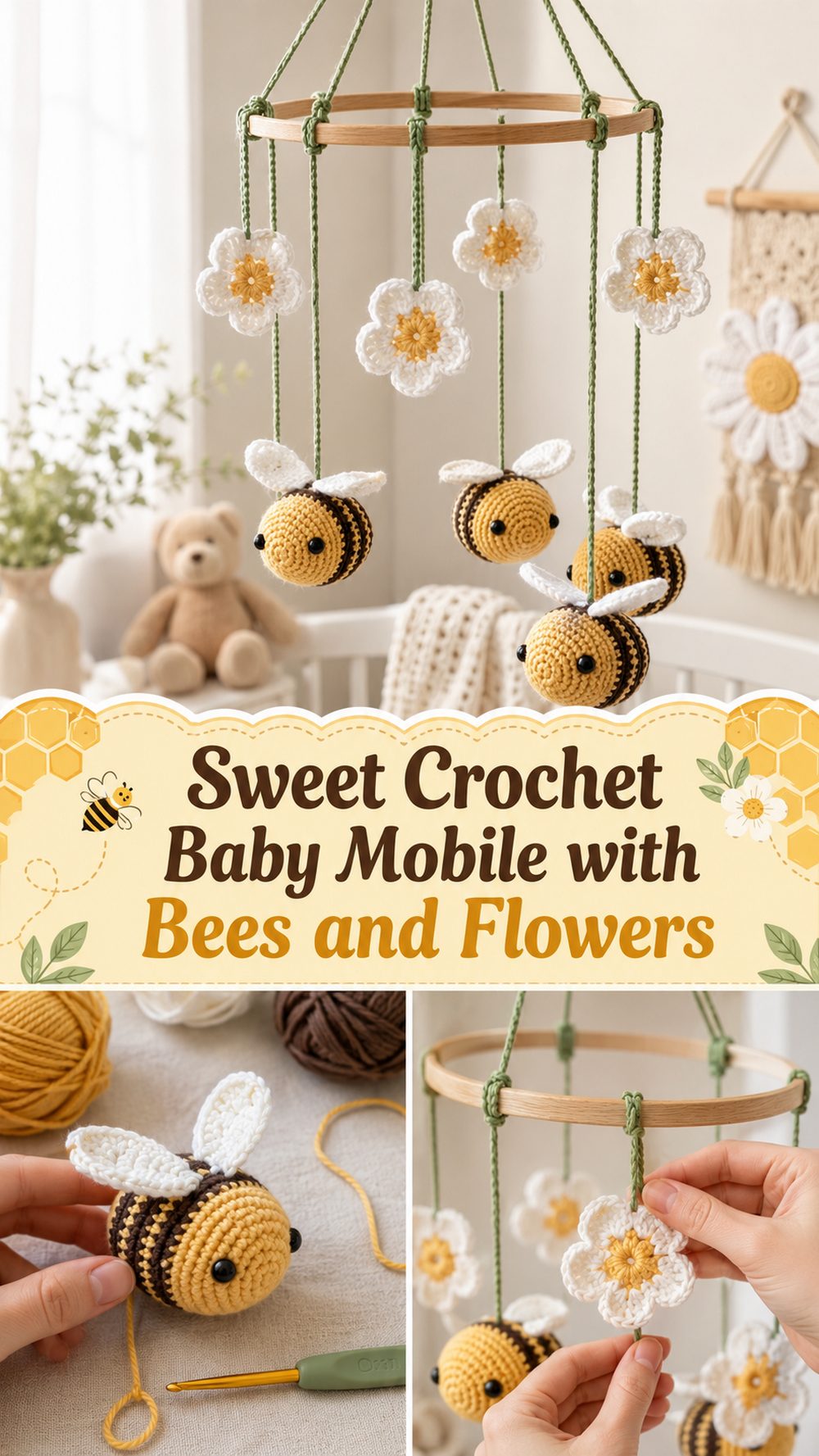 Sweet Crochet Baby Mobile with Bees and Flowers