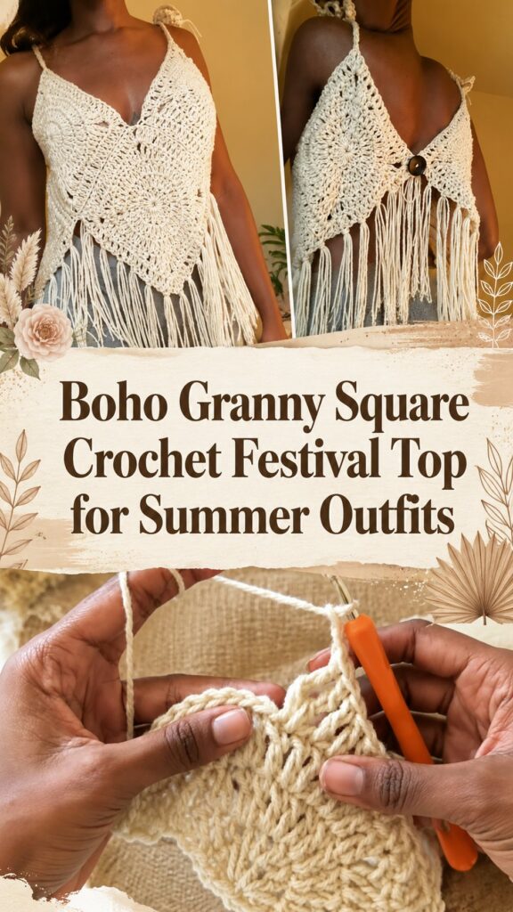 Boho Granny Square Crochet Festival Top for Summer Outfits